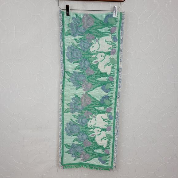 Easter Table Runner Green Pink Hand Knit Cotton Bunny Rabbit Eggs Tulips Spring - Picture 2 of 9